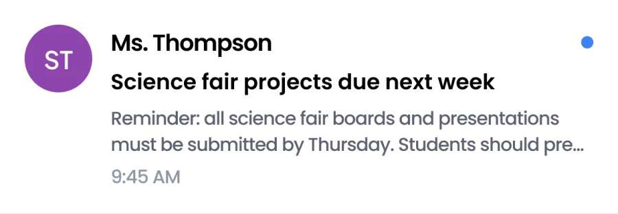 Ms. Thompson: Science fair projects due next week